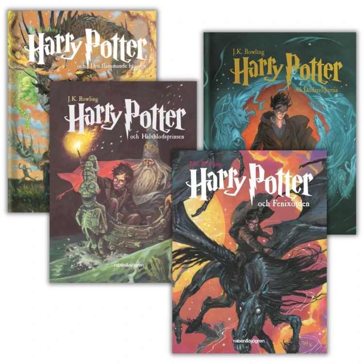 Harry Potter in Swedish - set of books 4-7 by J.K. Rowling. Hardcover Swedish editions, level B2/C1, translated by Lena Fries-Gedin, front covers
