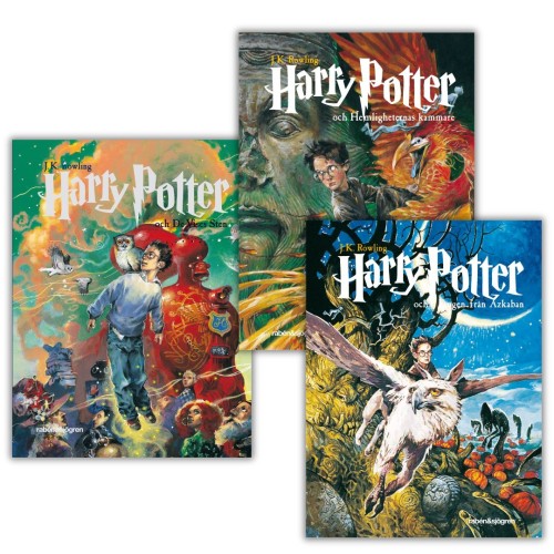 Harry Potter in Swedish - set of books 1-3 by J.K. Rowling. Hardcover Swedish editions, level B2/C1, translated by Lena Fries-Gedin, front covers