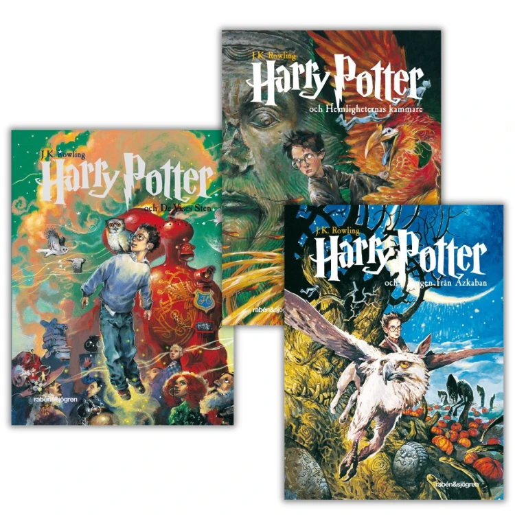 Harry Potter in Swedish - set of books 1-3 by J.K. Rowling. Hardcover Swedish editions, level B2/C1, translated by Lena Fries-Gedin, front covers