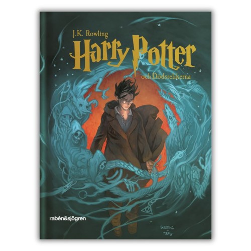 Harry Potter och Dödsrelikerna in Swedish. The seventh and final Harry Potter book by J.K. Rowling, hardcover edition, level B2/C1, translated by Lena Fries-Gedin., front cover