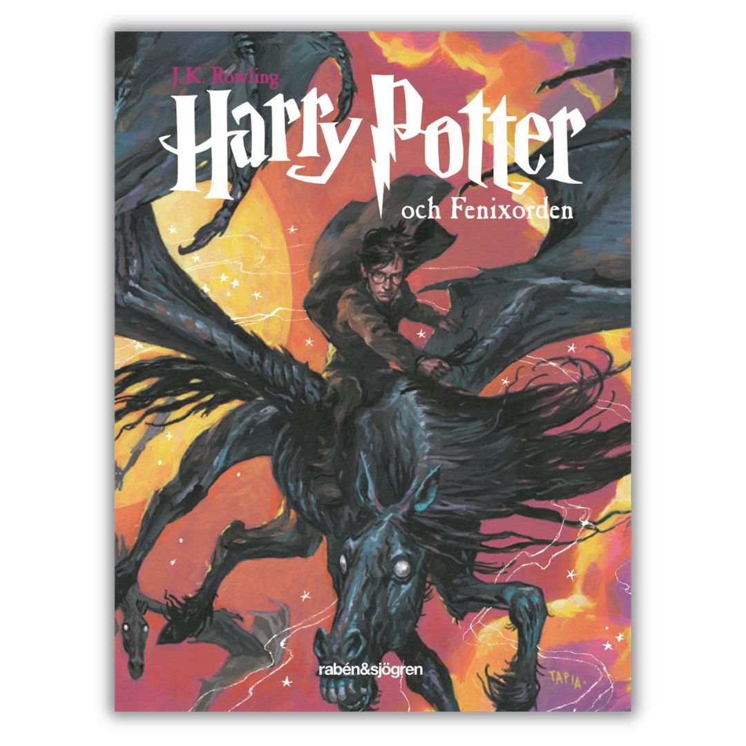 Harry Potter och Fenixorden in Swedish. The fifth Harry Potter book by J.K. Rowling, hardcover edition, level B2/C1, with illustrations by Alvaro Tapia., front cover